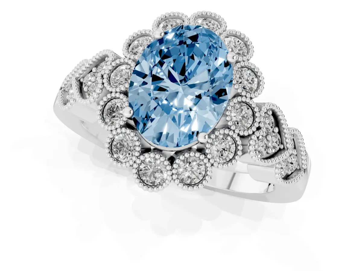 Fancy Blue Oval Cut Brilliant Milgrain Pave Heart Band Solitaire Ring Platinum