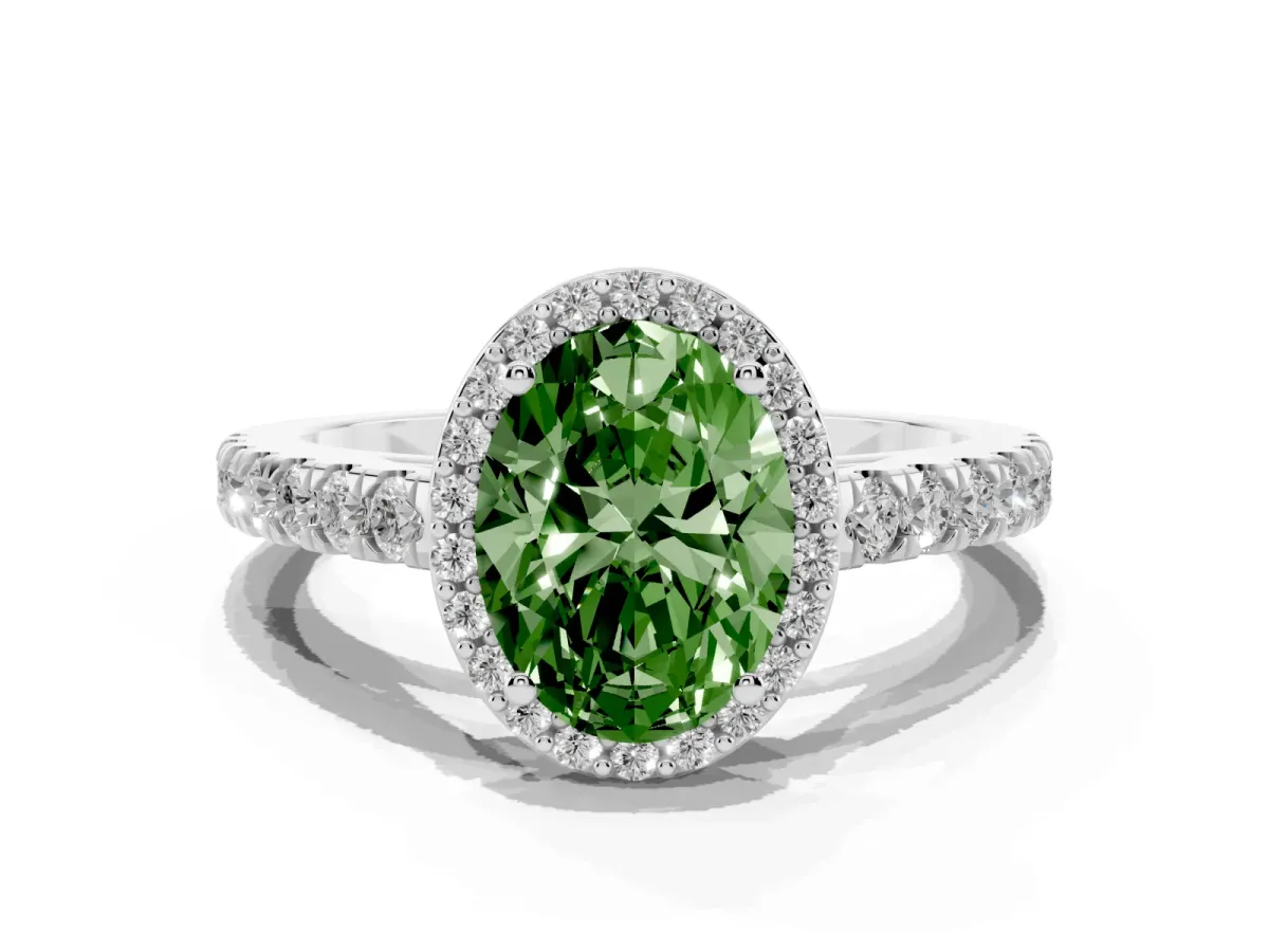 Fancy Green Oval Cut Cut Halo Diamond Engagement Ring with Pave Band and Four-Prong Setting Platinum