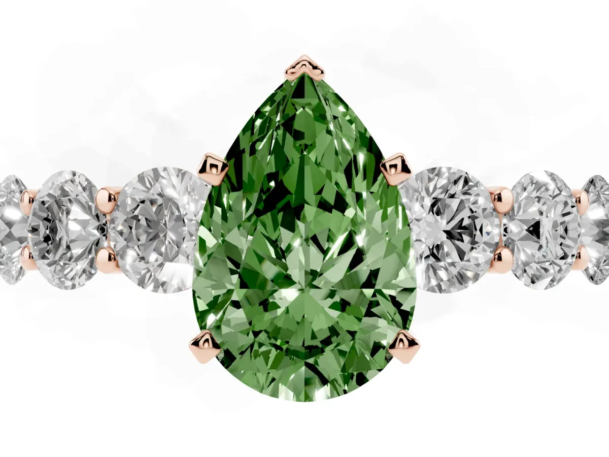 Fancy Green Pear Cut Diamond Prong Setting with Side Stones on a Pave Band Rose gold