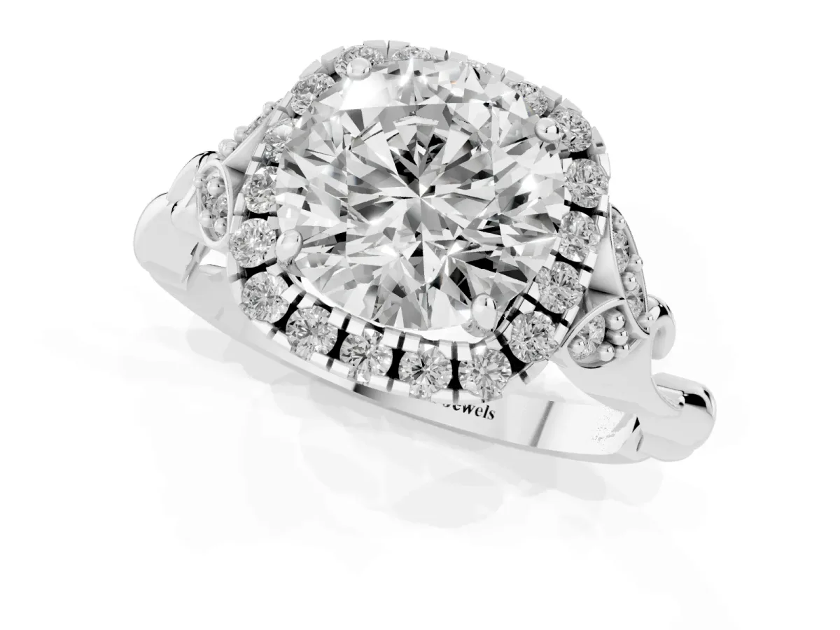 Round Cut Halo Diamond Engagement Ring with Vintage-Inspired Band and Four-Prong Setting Silver