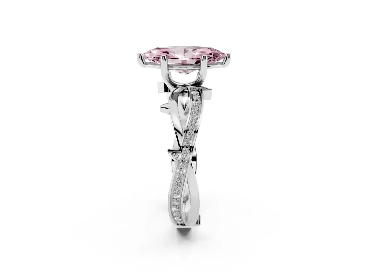 Fancy Pink Marquise Cut Solitaire Twist Band with Pavé Accents and Four-Prong Setting White gold