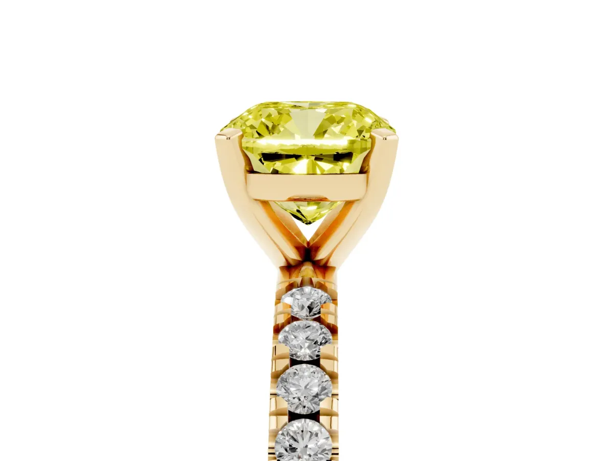 Fancy Yellow Cushion Cut Diamond Pavé Band Solitaire with Four-Prong Setting Yellow gold