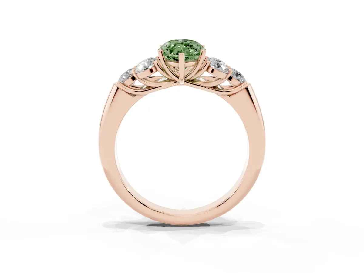 Fancy Green Marquise Cut Cut Diamond Cluster Ring with Round Accent Stones and Prong Setting on a Classic Band Rose gold