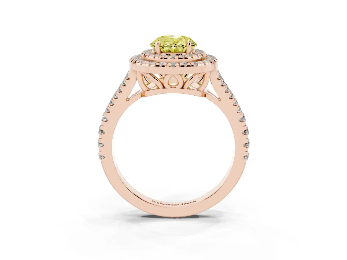 Fancy Yellow Oval Cut Diamond Double Halo Ring with Pavé Band and Prong Setting Rose gold