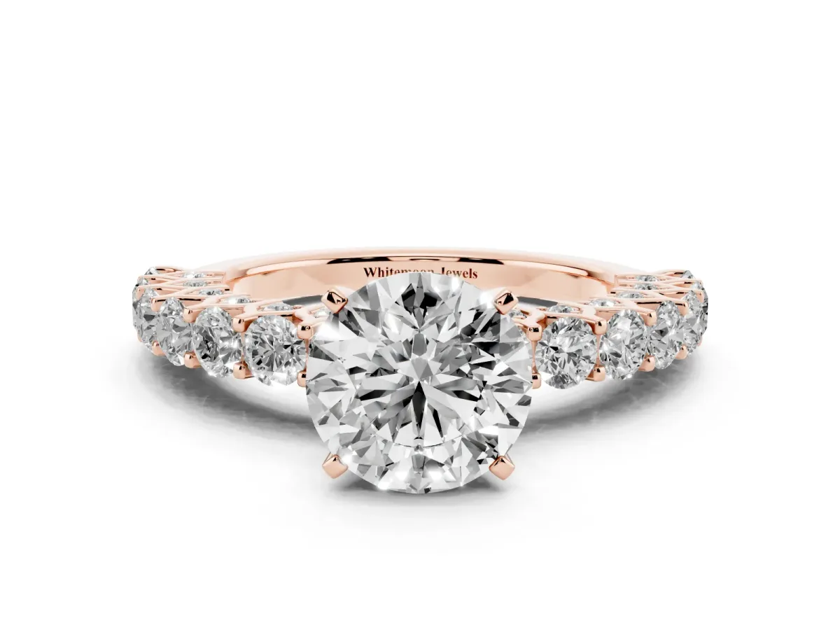 Round Cut Diamond Solitaire Ring with Shared Prong Pavé Band and Four-Prong Setting Rose gold