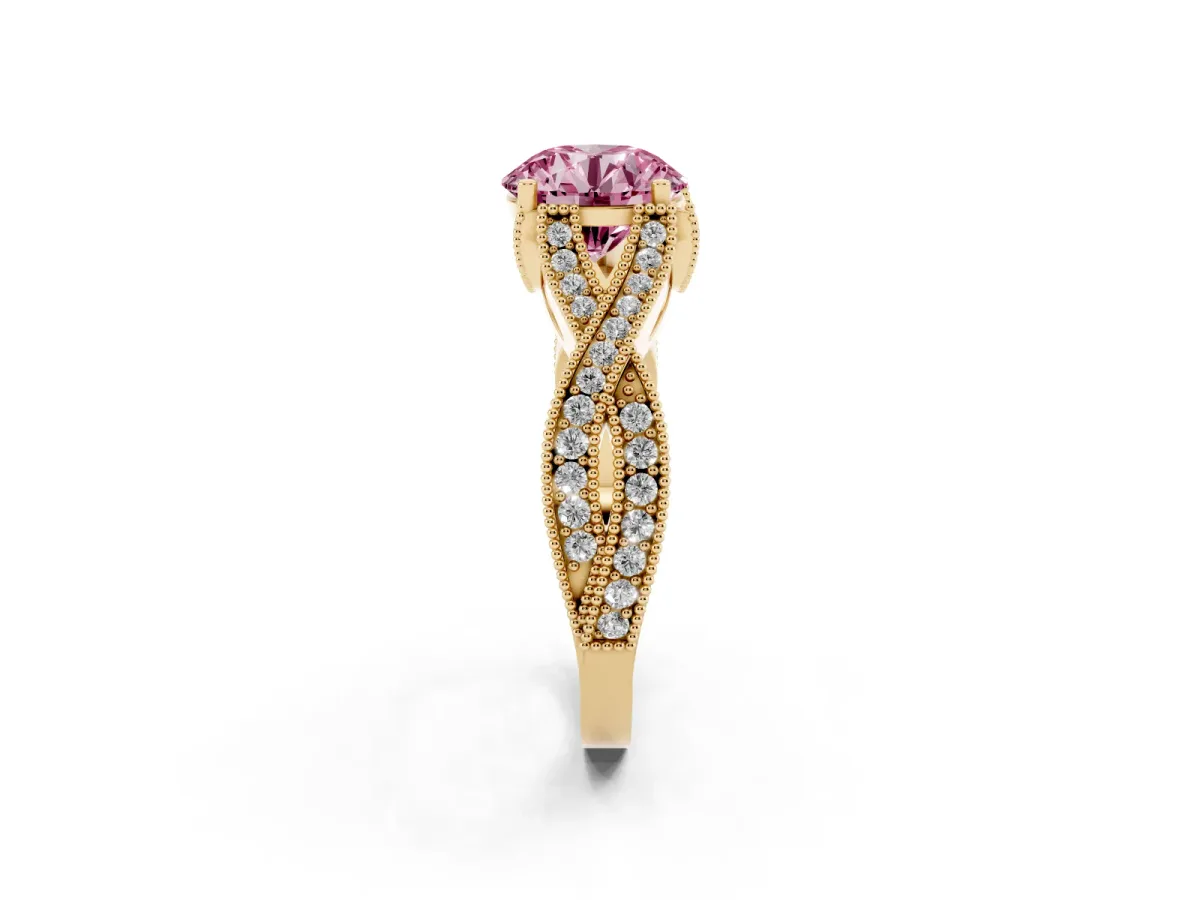Fancy Pink Round Cut Cut Diamond Twisted Band with Milgrain Pave Setting and Four-Prong Setting Yellow gold