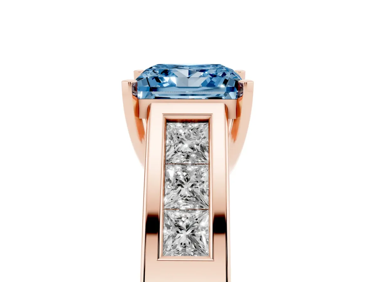 Fancy Blue Princess Cut Cut Channel Set Solitaire Ring with Four-Prong Setting Rose gold