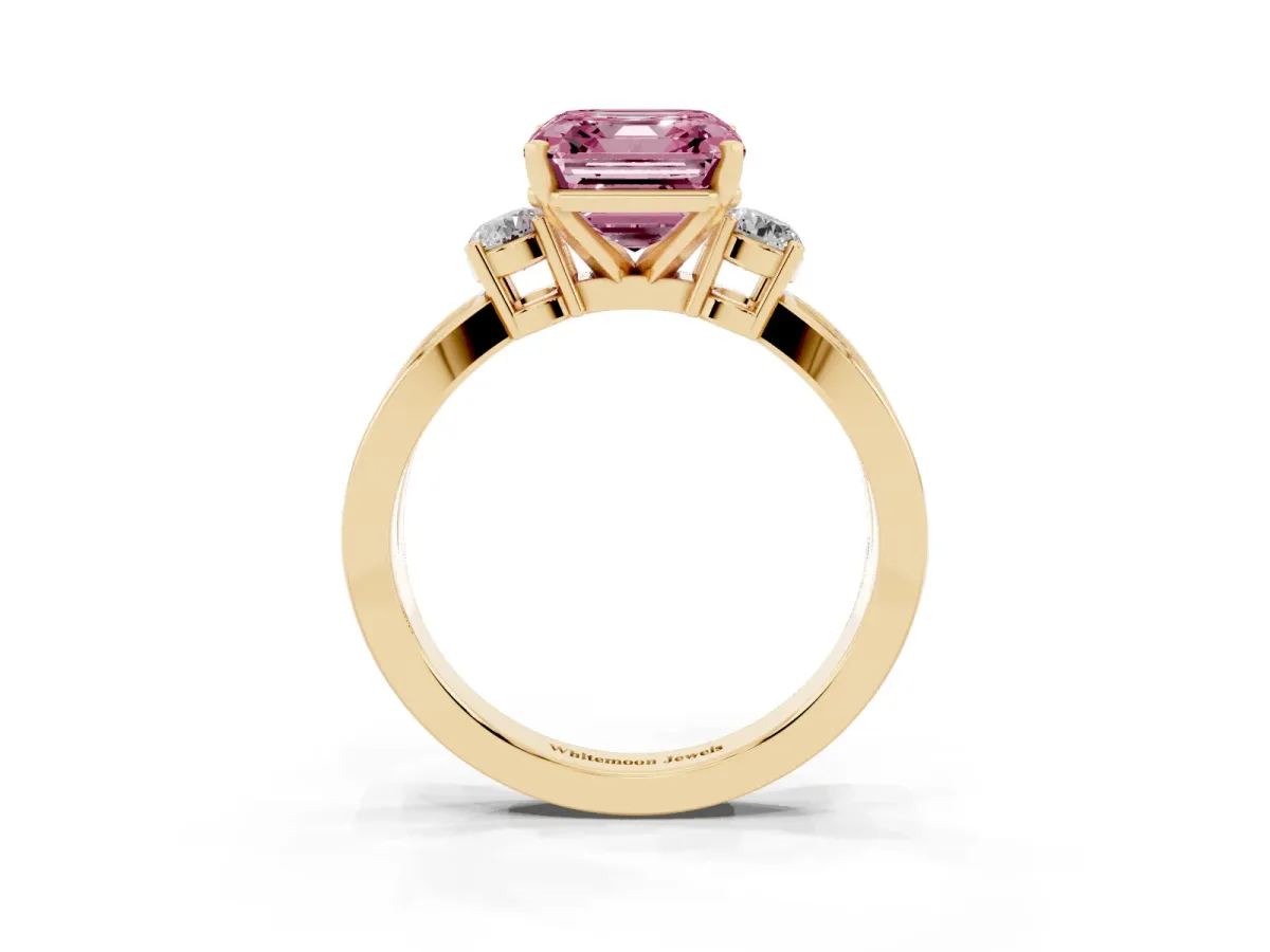 Fancy Pink Three-Stone Asscher Cut Cut Diamond Twist Band with Prong Setting Yellow gold