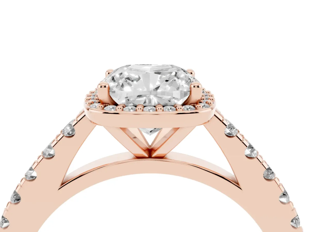 Cushion Cut Cut Halo Diamond Engagement Ring with Pave Band and Four-Prong Setting Rose gold