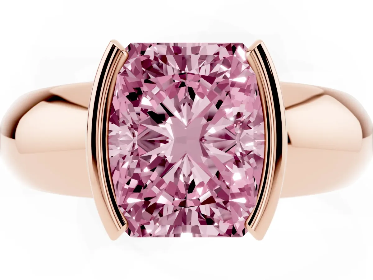 Fancy Pink Radiant Cut Solitaire Tension Set Diamond Ring with Wide Band Rose gold