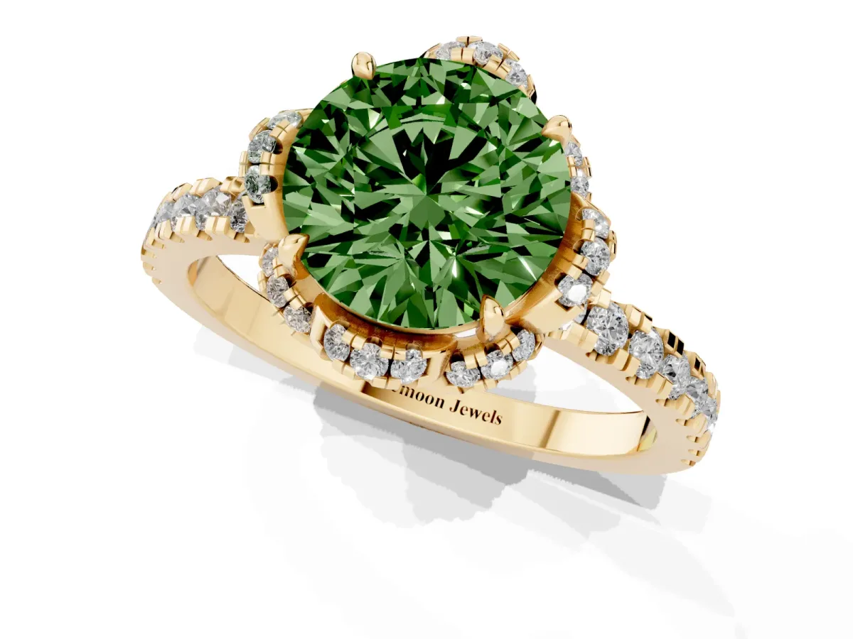 Fancy Green Round Cut Diamond Halo Pave Band with Four-Prong Setting Yellow gold