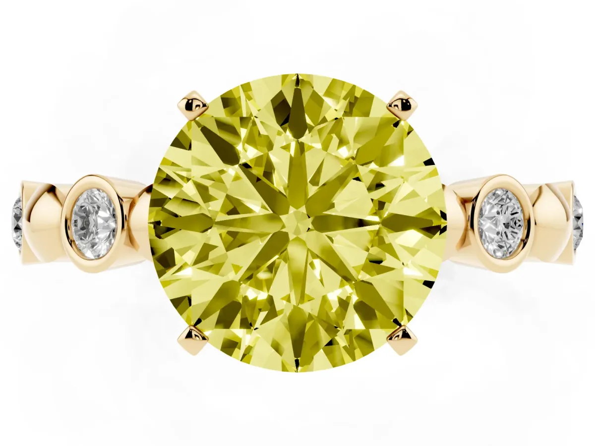 Fancy Yellow Round Cut Solitaire Bezel-Set Diamond Ring with Beaded Band and Four-Prong Setting Yellow gold