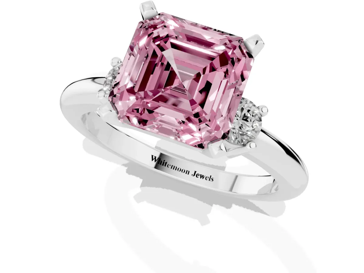 Fancy Pink Three-Stone Asscher Cut Cut Diamond Solitaire with Prong Setting and Classic Band Silver
