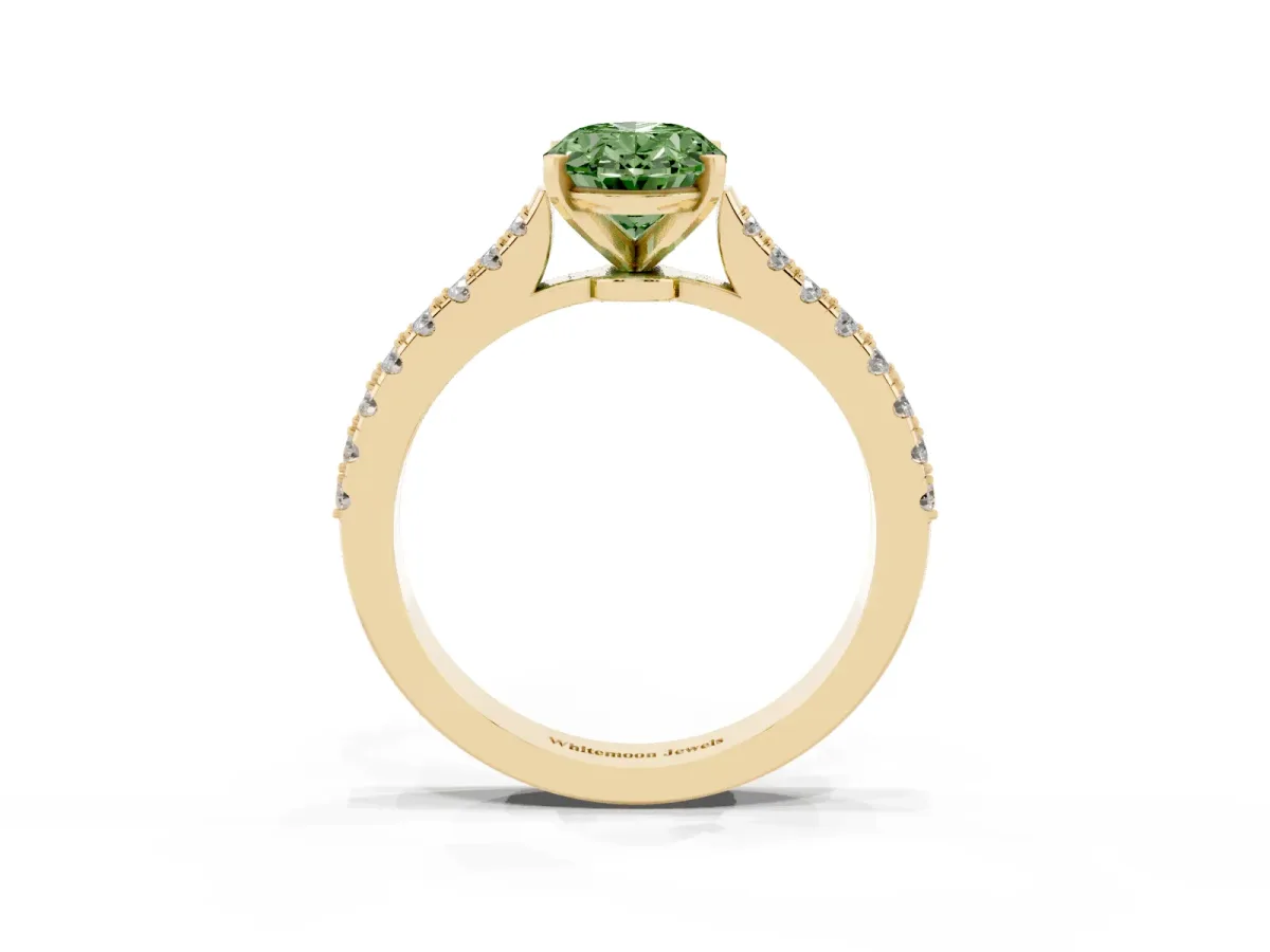 Fancy Green Oval Cut Cut Solitaire Diamond Engagement Ring with Pave Band and Four-Prong Setting Yellow gold