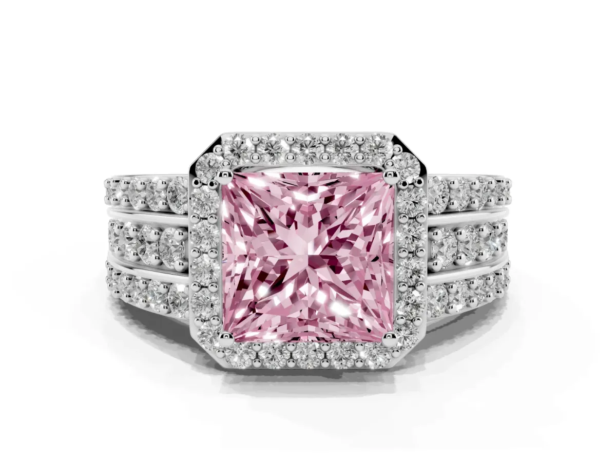 Fancy Pink Princess Cut Halo Diamond Ring with Round Split Shank and Prong Setting Silver