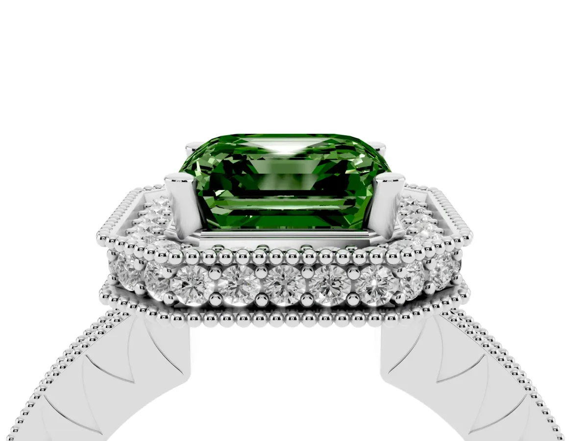 Fancy Green Asscher Cut Diamond Milgrain Halo Engagement Ring with Round Pavé Band and Prong Setting Platinum