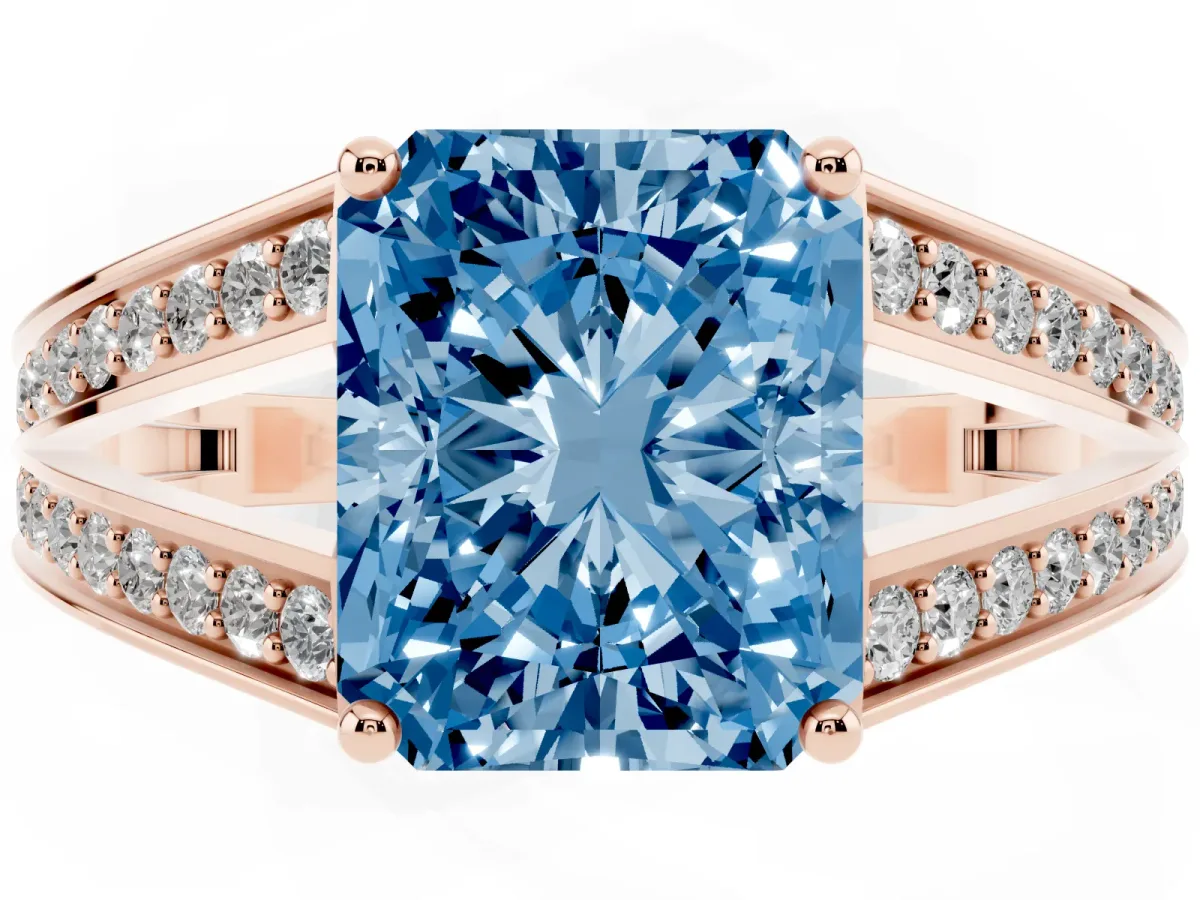 Fancy Blue Radiant Cut Diamond Split Shank Ring with Pavé Band and Four-Prong Setting Rose gold