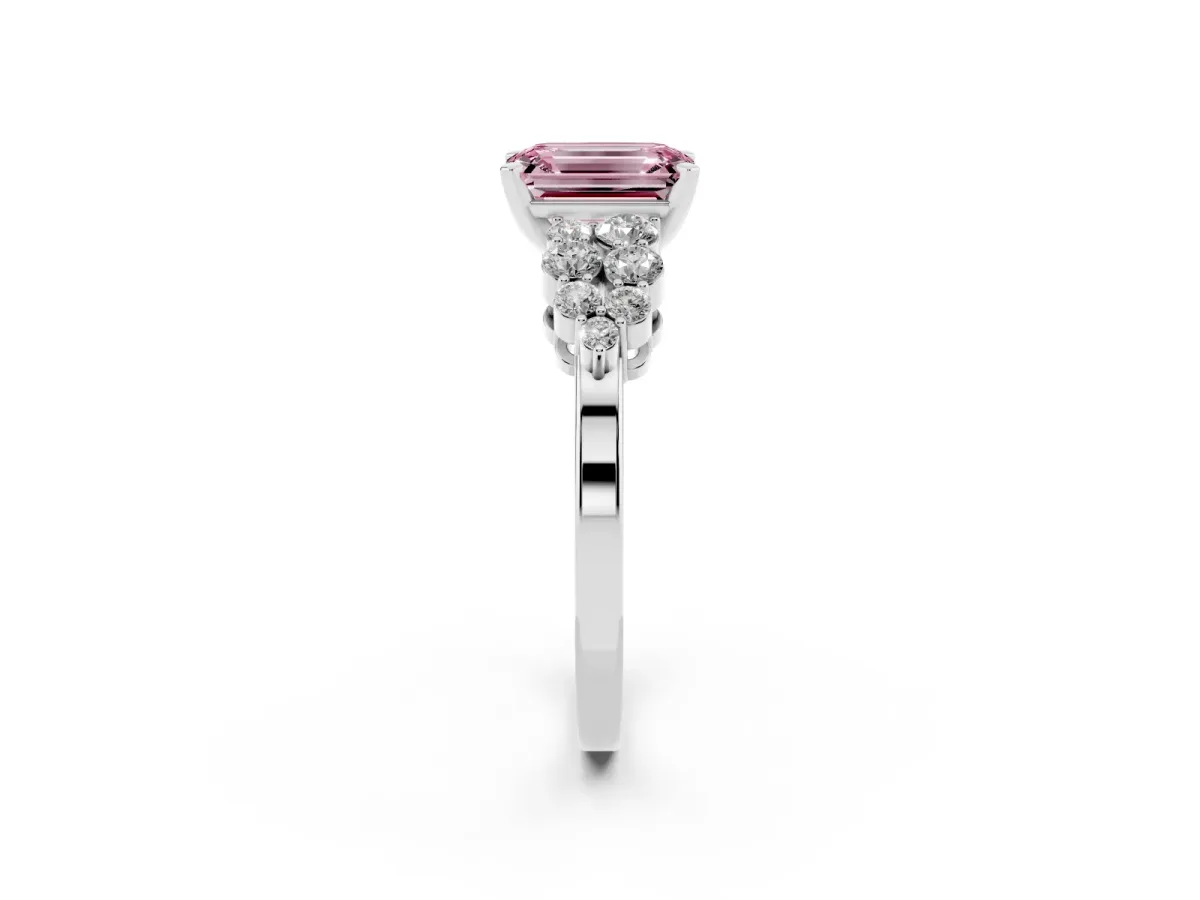 Fancy Pink Emerald Cut Cluster Diamond Engagement Ring with Pavé Band and Four-Prong Setting Silver