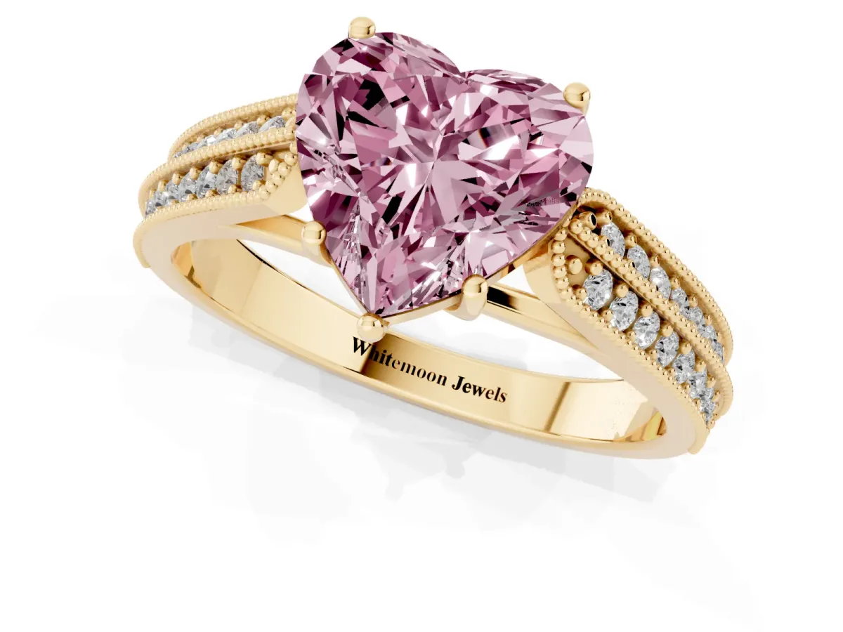 Fancy Pink Heart Cut Cut Pave Split Shank Engagement Ring with Four-Prong Setting Yellow gold