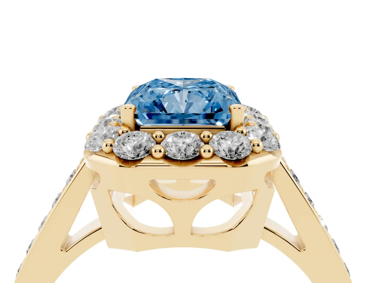 Fancy Blue Radiant Cut Diamond Floral Halo Ring with Pavé Band and Prong Setting Yellow gold