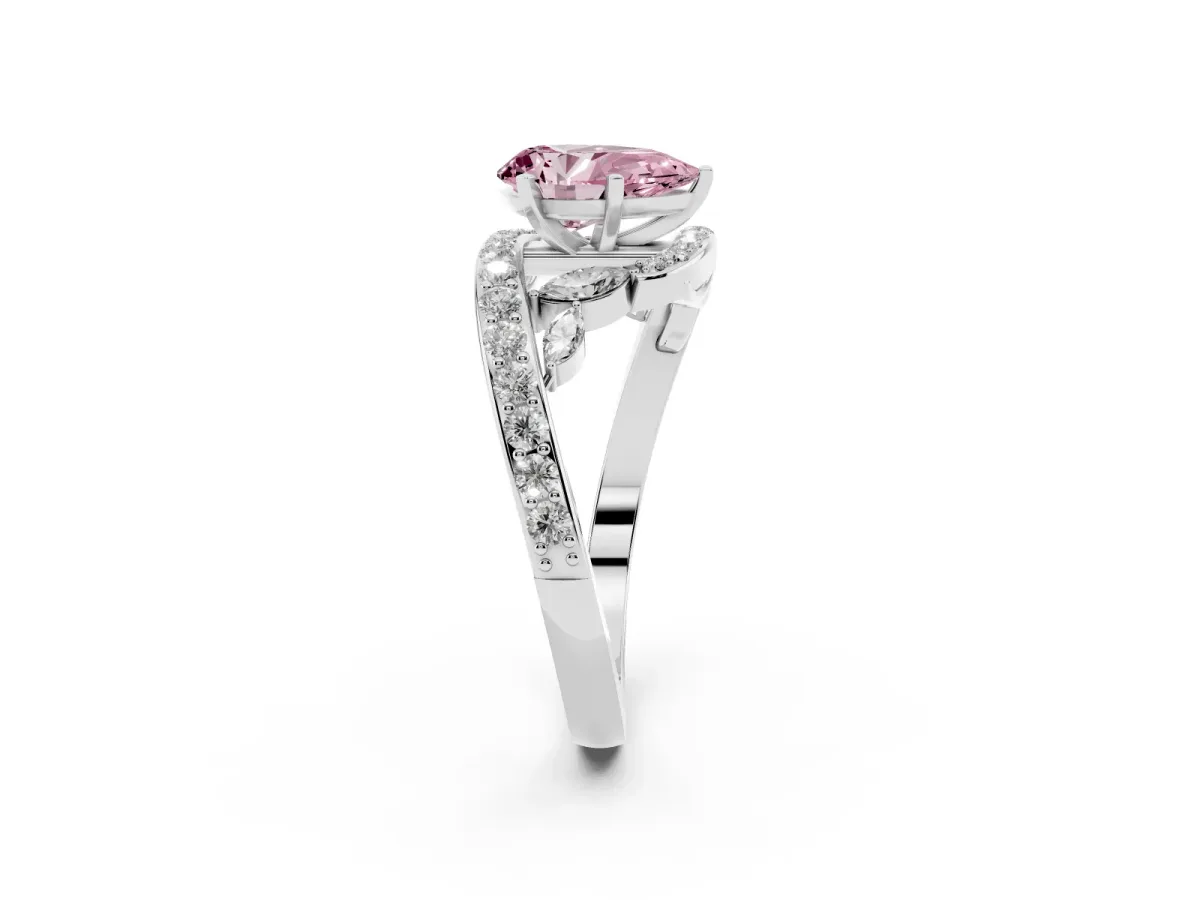 Fancy Pink Pear Cut Solitaire with Pavé Twist Band and Four-Prong Setting Silver