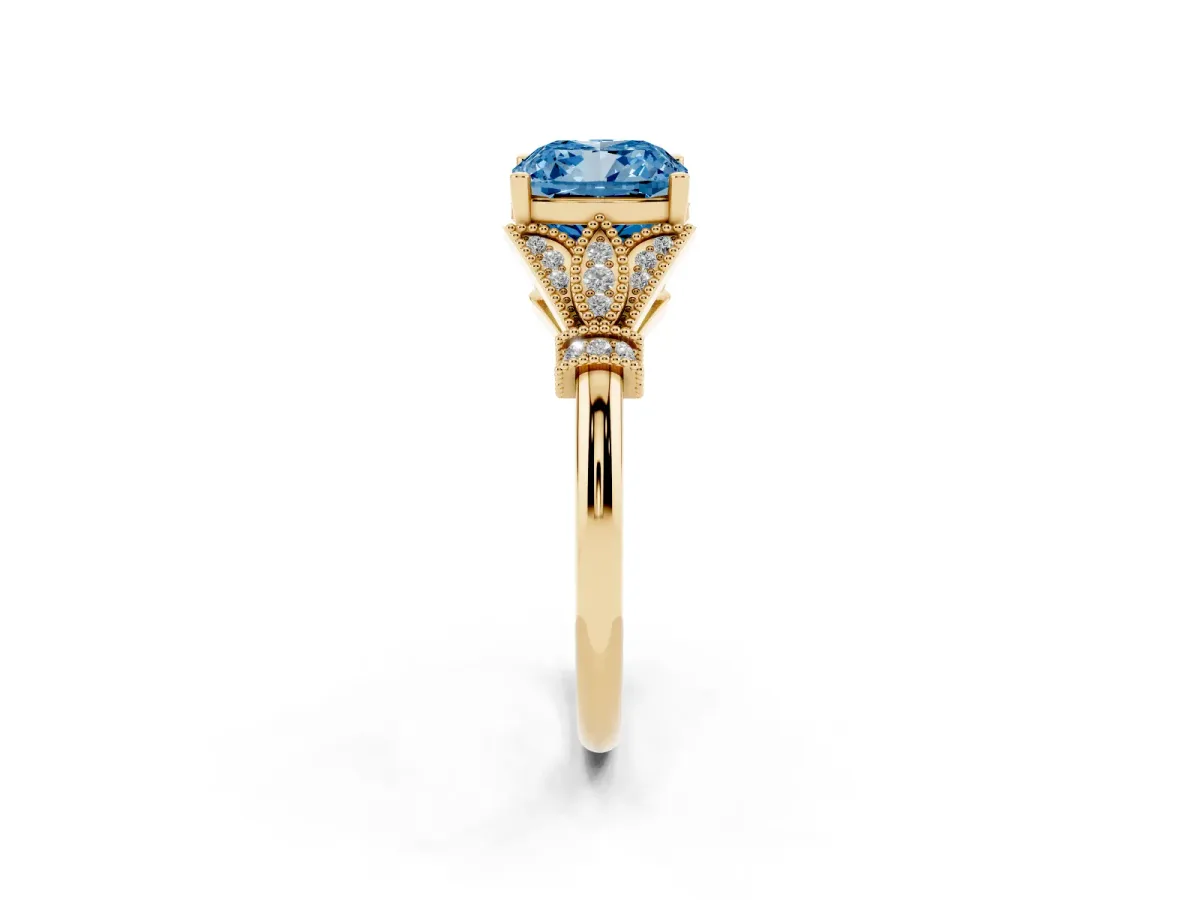 Fancy Blue Cushion Cut Diamond Solitaire Ring with Floral Filigree and Pave Accents Yellow gold