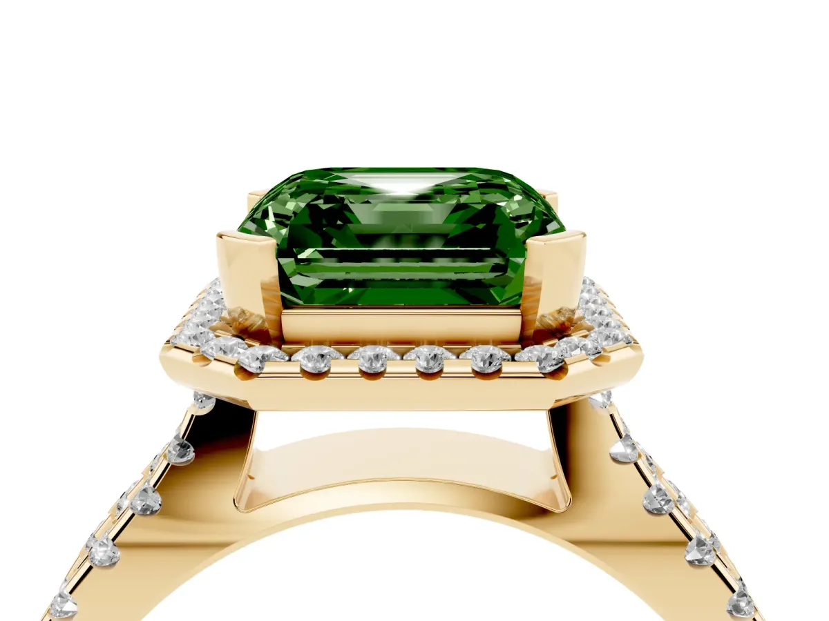 Fancy Green Asscher Cut Diamond Halo Ring with Split Shank Pavé Band and Prong Setting Yellow gold
