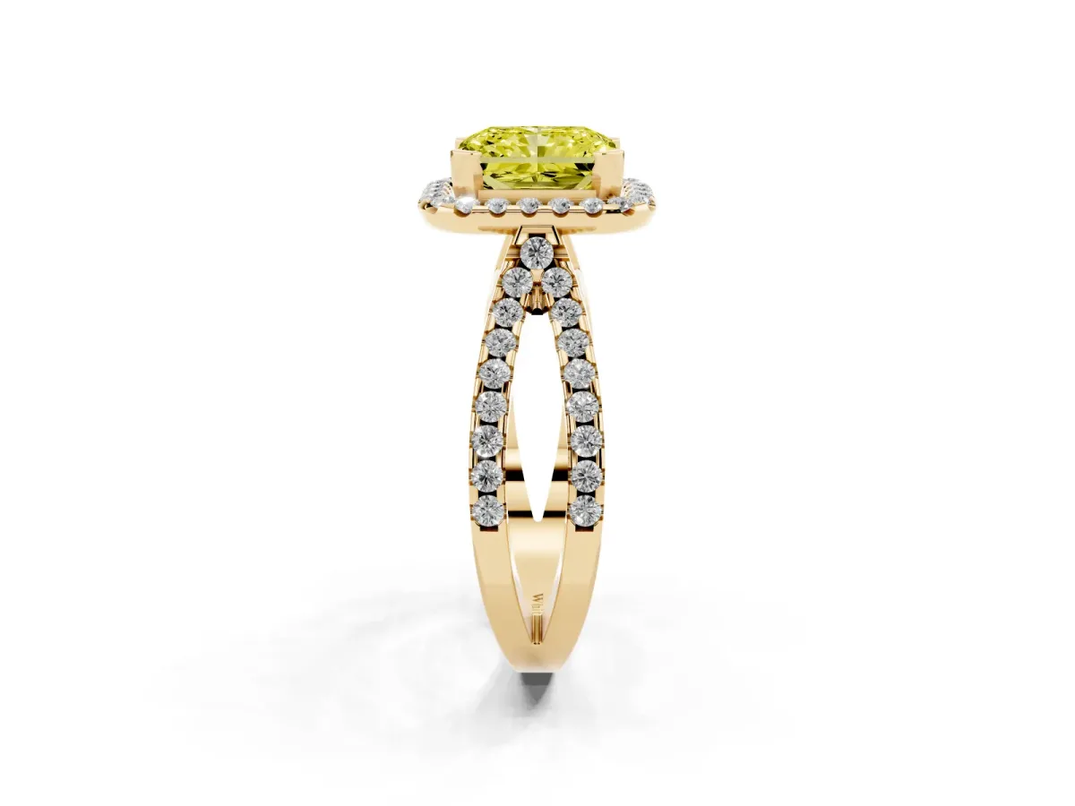Fancy Yellow Radiant Cut Diamond Halo Ring with Split Shank Pavé Band and Prong Setting Yellow gold