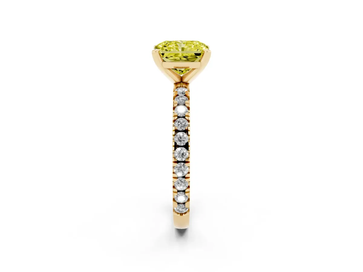 Fancy Yellow Radiant Cut Diamond Pavé Band Solitaire with Four-Prong Setting Yellow gold
