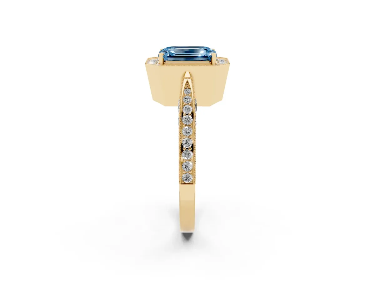 Fancy Blue Emerald Cut Halo Diamond Engagement Ring with Split Shank Band and Four-Prong Setting Yellow gold