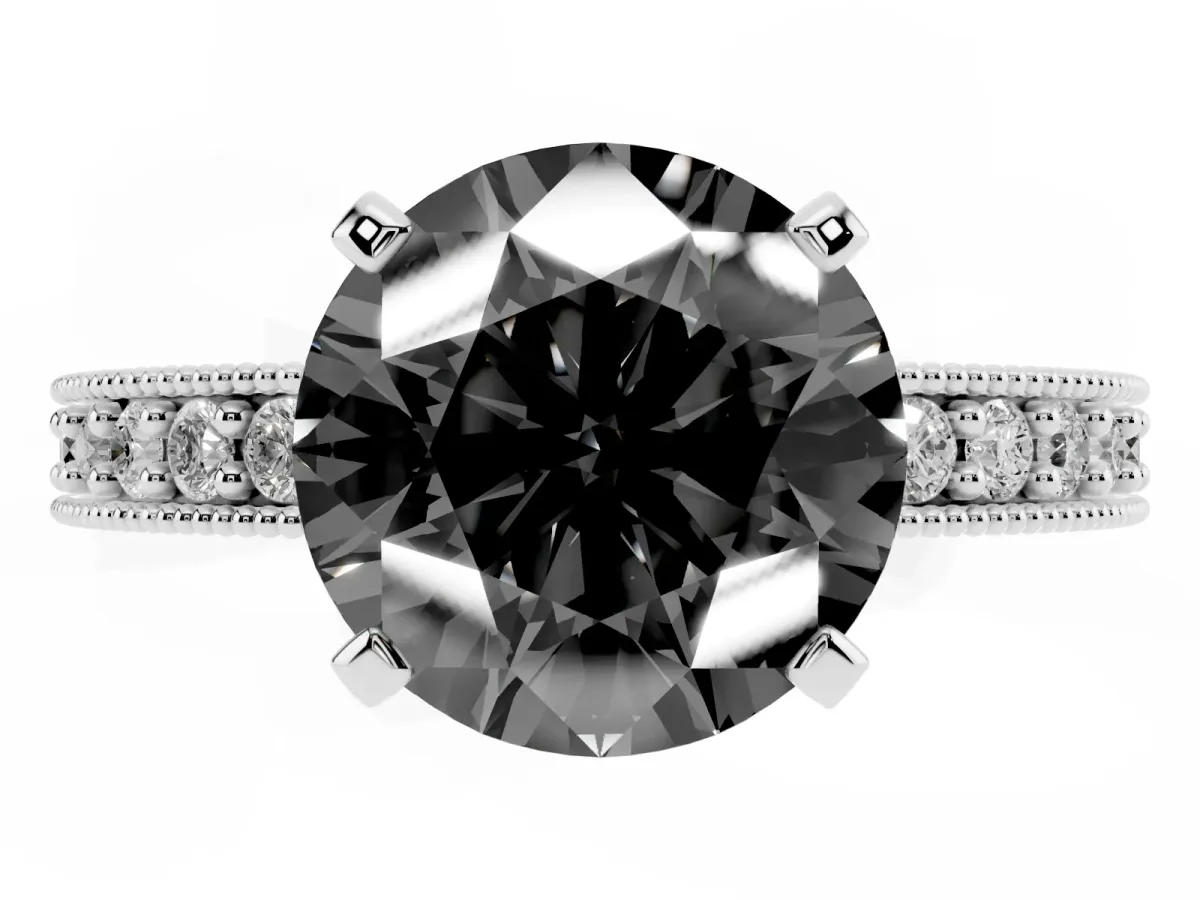 Fancy Black Round Cut Diamond Milgrain Pavé Engagement Ring with Four-Prong Setting Platinum