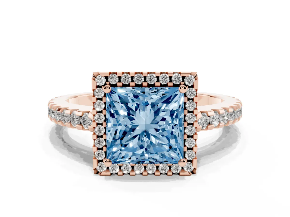 Fancy Blue Princess Cut Diamond Halo Engagement Ring with Pavé Band and Prong Setting Rose gold