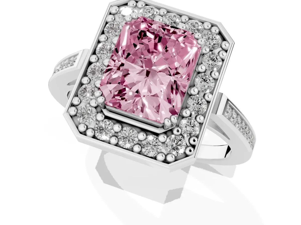 Fancy Pink Radiant Cut Diamond Halo Ring with Split Shank and Four-Prong Setting Silver