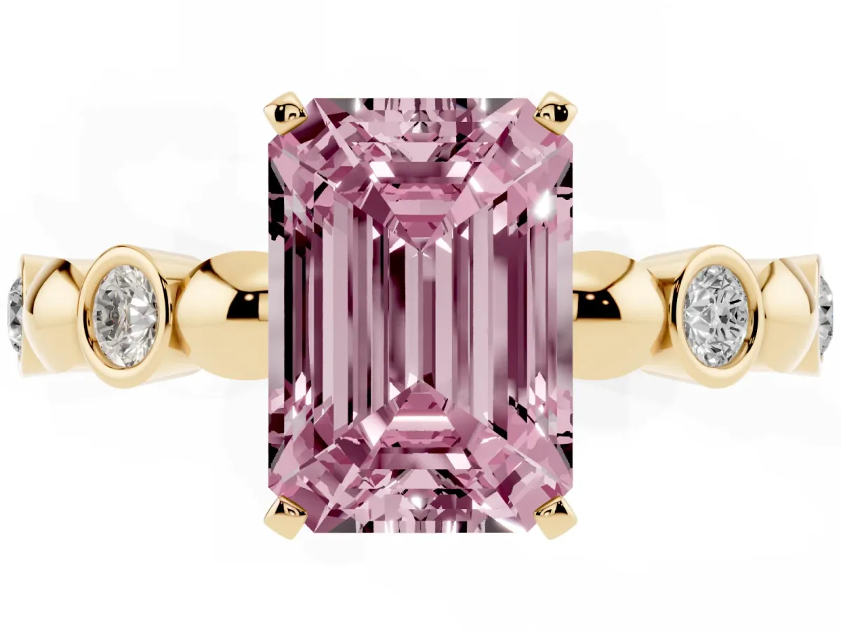 Fancy Pink Emerald Cut Solitaire Bezel-Set Diamond Ring with Beaded Band and Four-Prong Setting Yellow gold