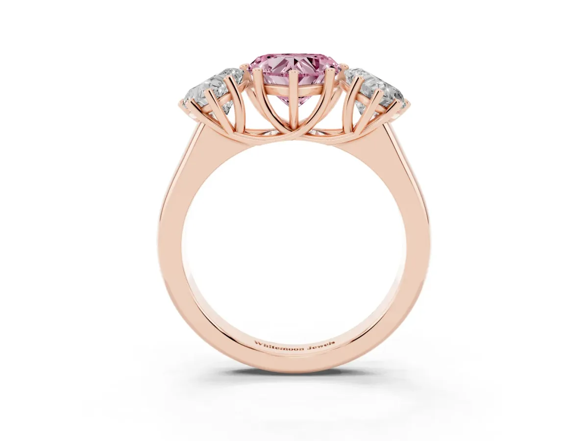Fancy Pink Heart Cut Three-Stone Diamond Ring with Prong Setting on a Classic Band Rose gold