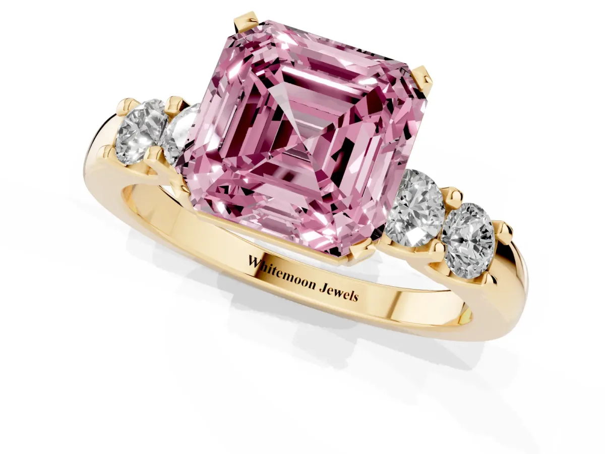 Fancy Pink Asscher Cut Brilliant Cut Diamond Five-Stone Prong Set Engagement Ring with Channel Band Yellow gold