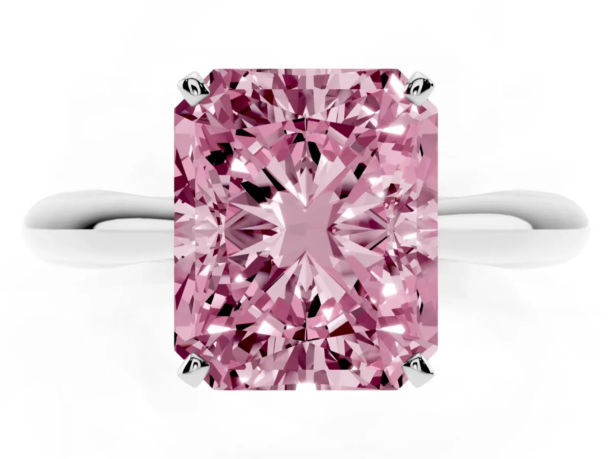 Fancy Pink Radiant Cut Diamond Solitaire Engagement Ring with Cathedral Setting and Four-Prong Mount Silver