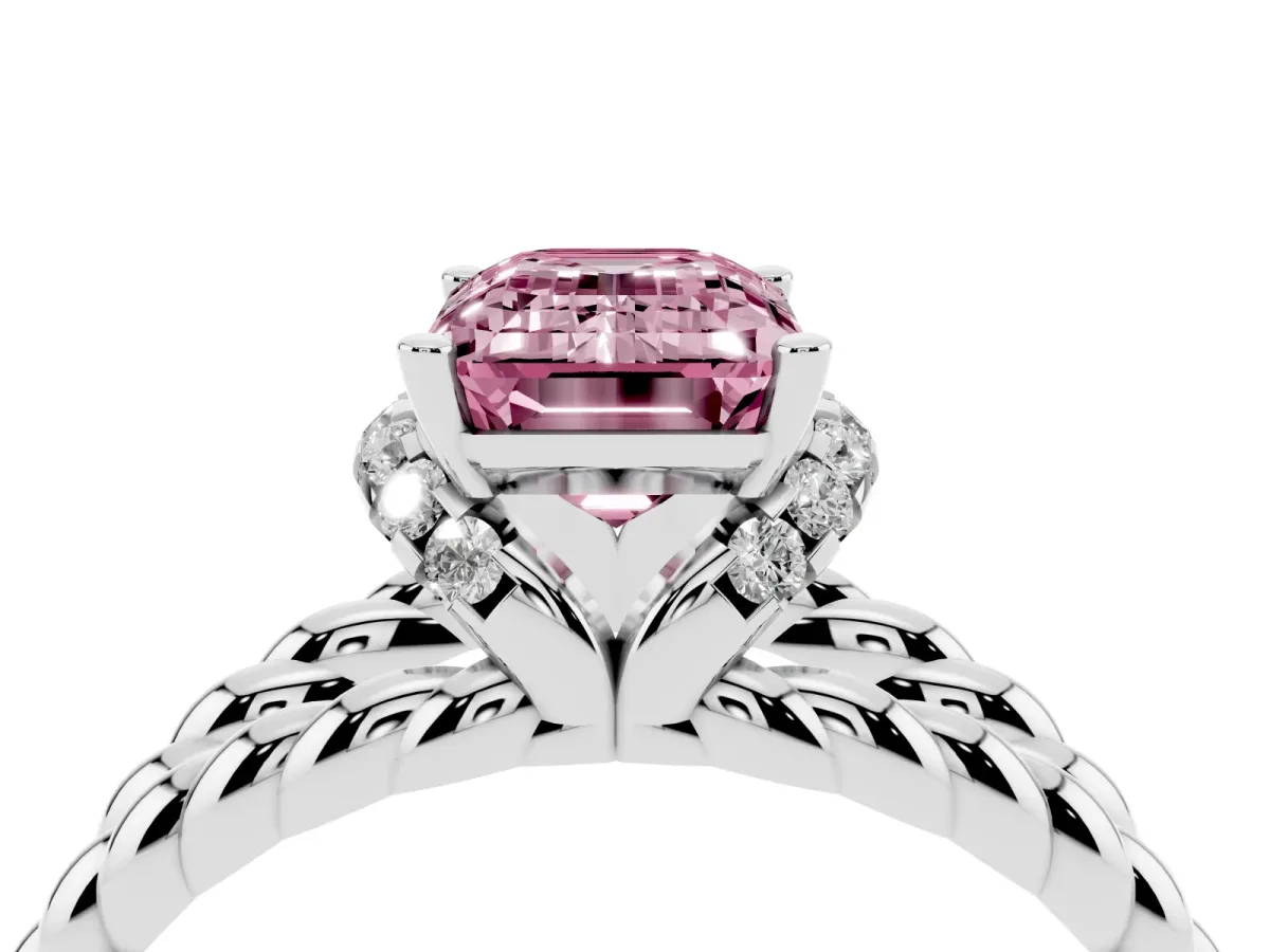 Fancy Pink Emerald Cut Halo Twisted Band Four-Prong Ring Silver