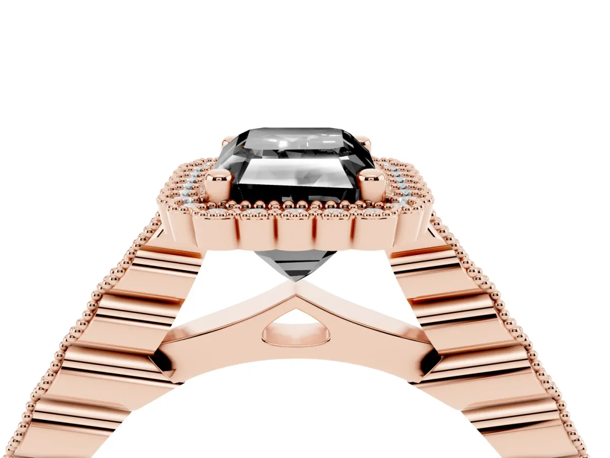 Fancy Black Radiant Cut Cut Halo Pavé Solitaire Ring with Milgrain Band Rose gold