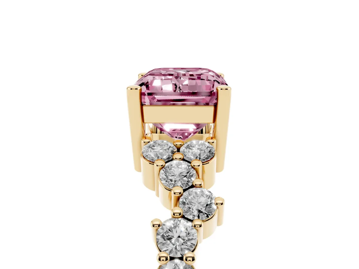 Fancy Pink Emerald Cut Diamond Scattered Round Accent Ring with Prong Setting Yellow gold