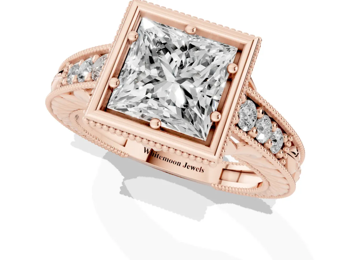 Bezel Set Princess Cut Diamond Milgrain Pave Engagement Ring Rose gold
