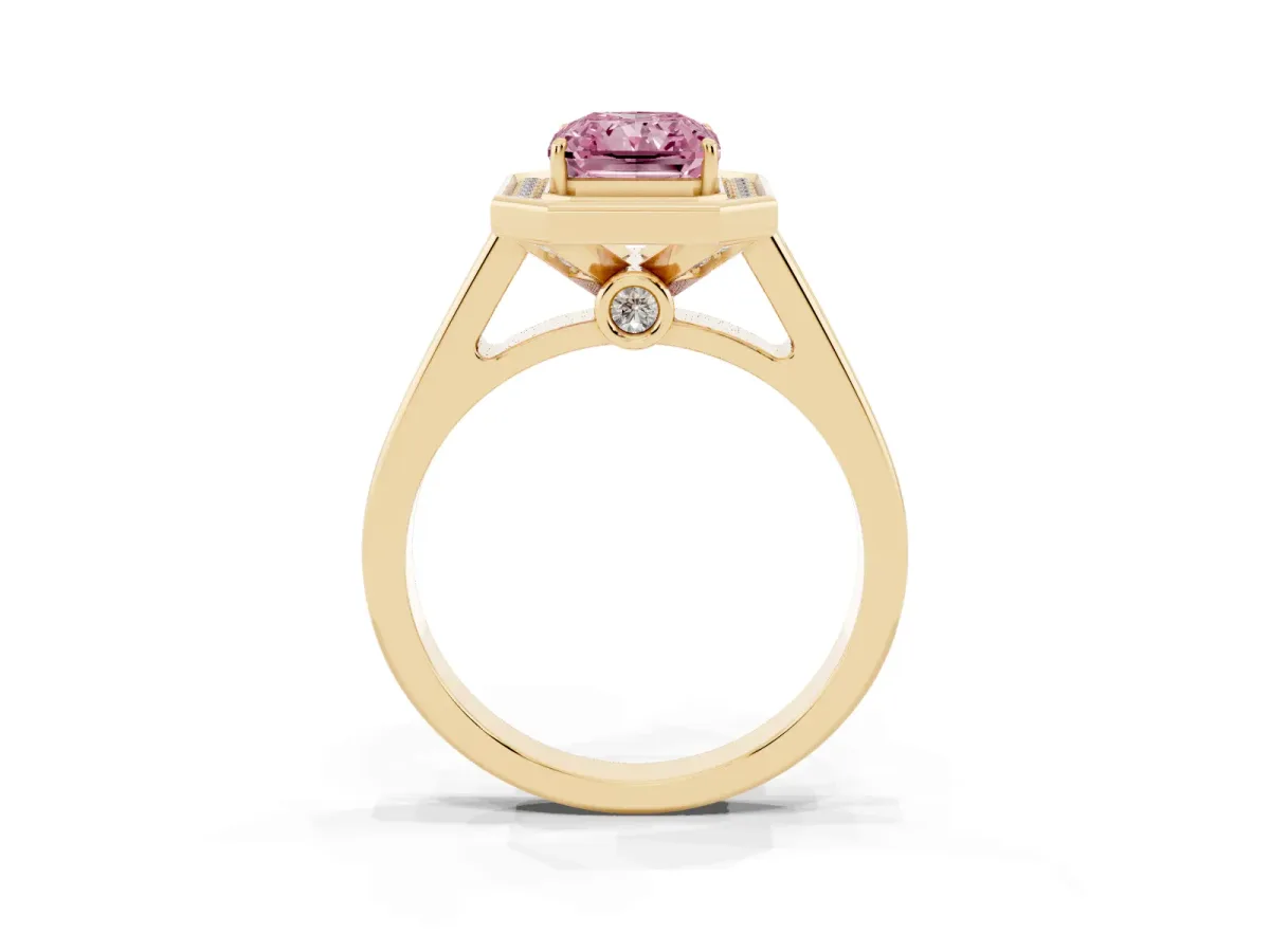 Fancy Pink Emerald Cut Halo Solitaire Diamond Ring with Pave Band and Bezel Setting Yellow gold