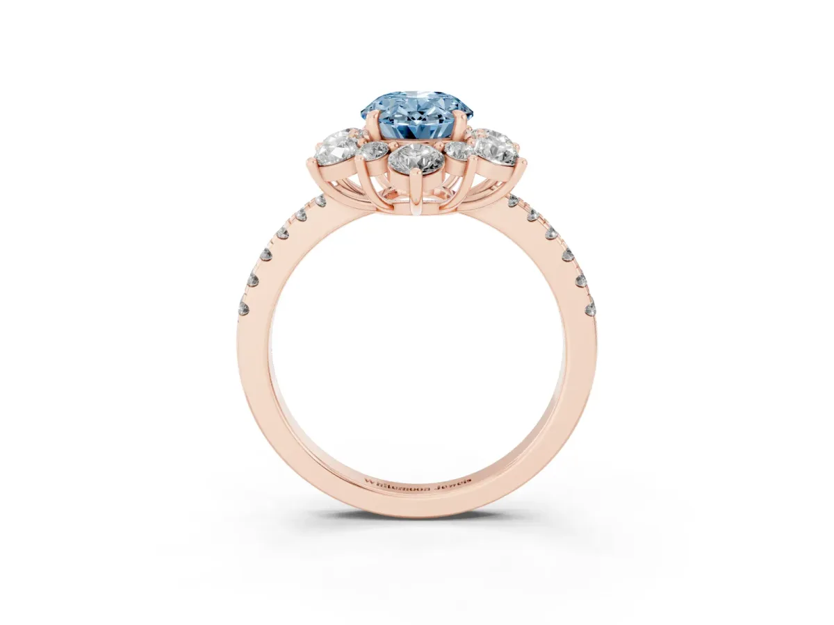 Fancy Blue Oval Cut Diamond Floral Halo Ring with Round Pavé Band and Prong Setting Rose gold
