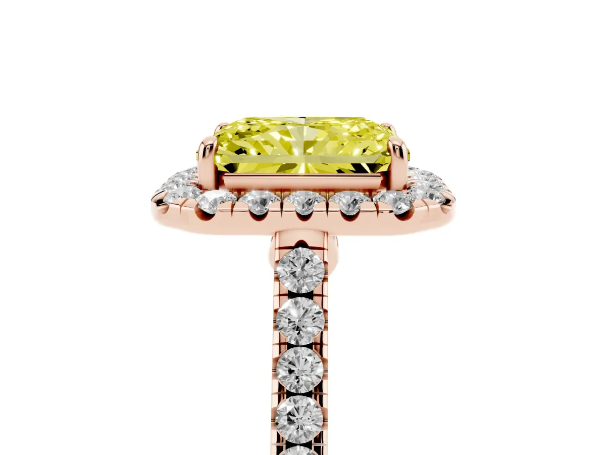 Fancy Yellow Radiant Cut Halo Pave Diamond Engagement Ring with Four-Prong Setting Rose gold