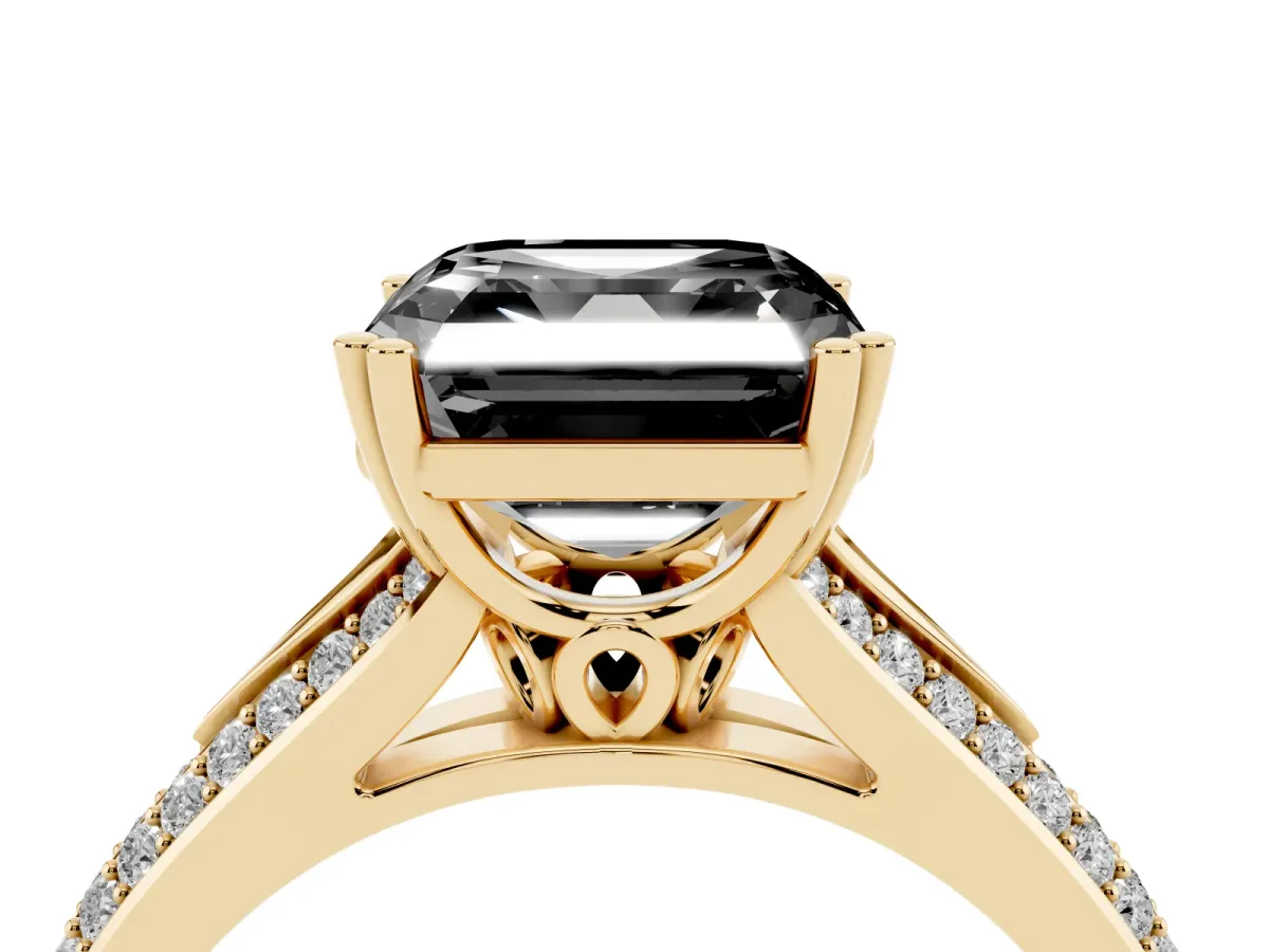 Fancy Black Asscher Cut Diamond Split Shank Engagement Ring with Pavé Band Yellow gold
