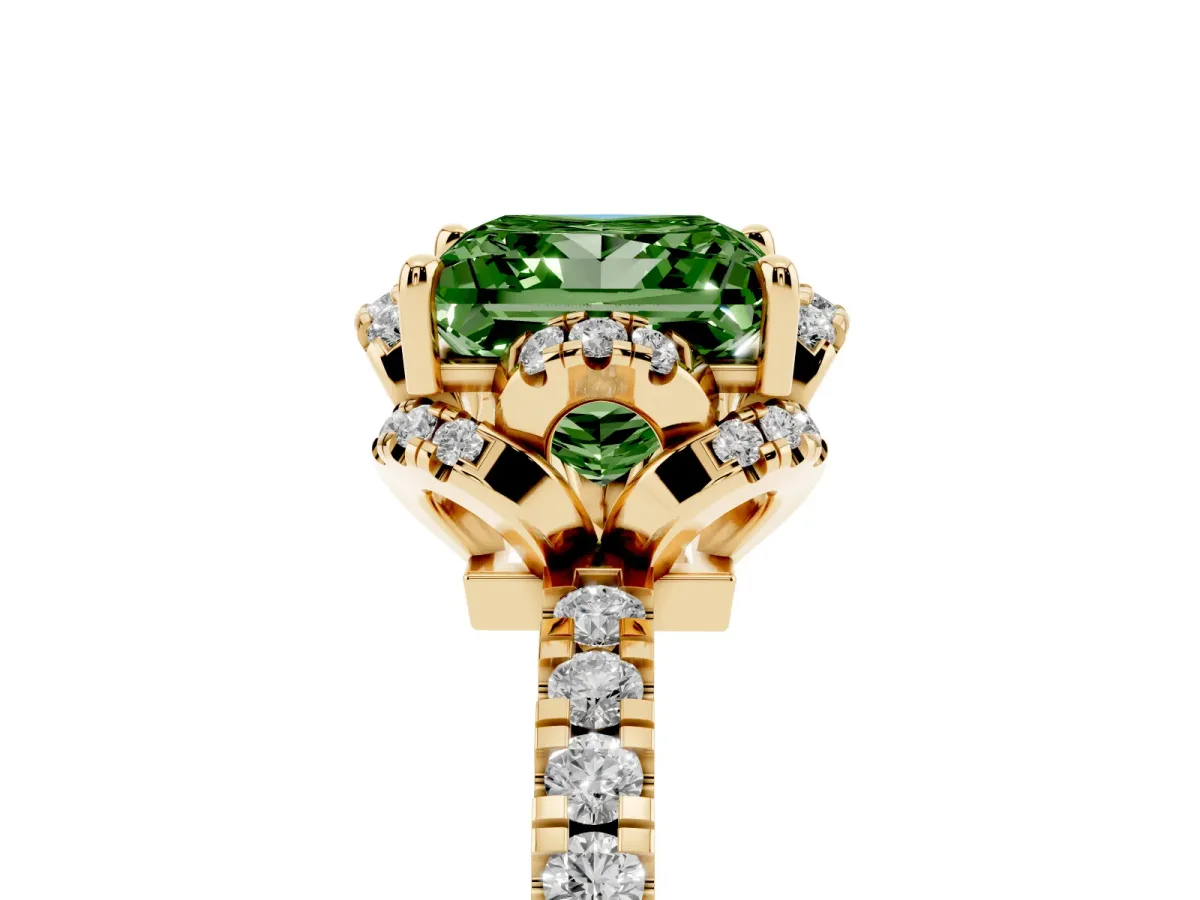 Fancy Green Princess Cut Diamond Halo Pave Band with Four-Prong Setting Yellow gold