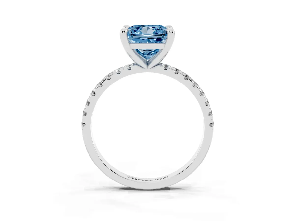 Fancy Blue Princess Cut Diamond Brilliant Solitaire Ring with Pavé Band and Four-Prong Setting Silver
