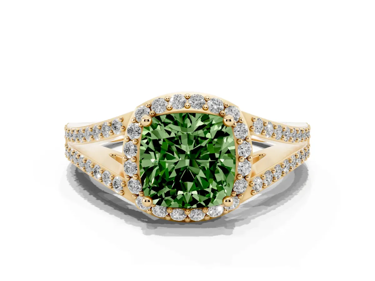 Fancy Green Cushion Cut Halo Split Shank Diamond Ring with Prong Setting Yellow gold