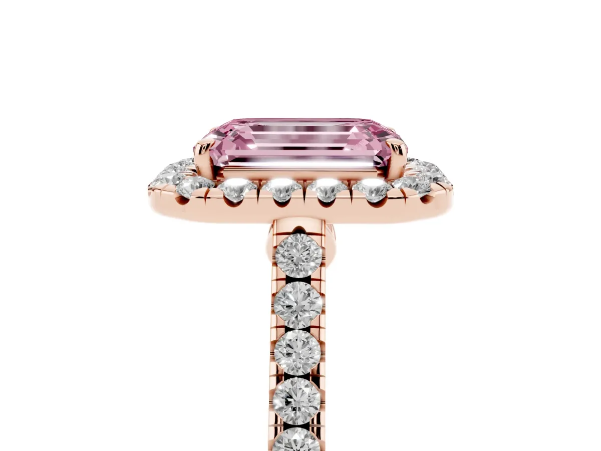 Fancy Pink Emerald Cut Halo Pave Diamond Engagement Ring with Four-Prong Setting Rose gold