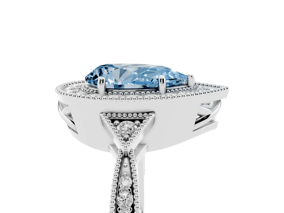 Fancy Blue Pear Cut Halo Round Diamond Milgrain Pave Engagement Ring Silver
